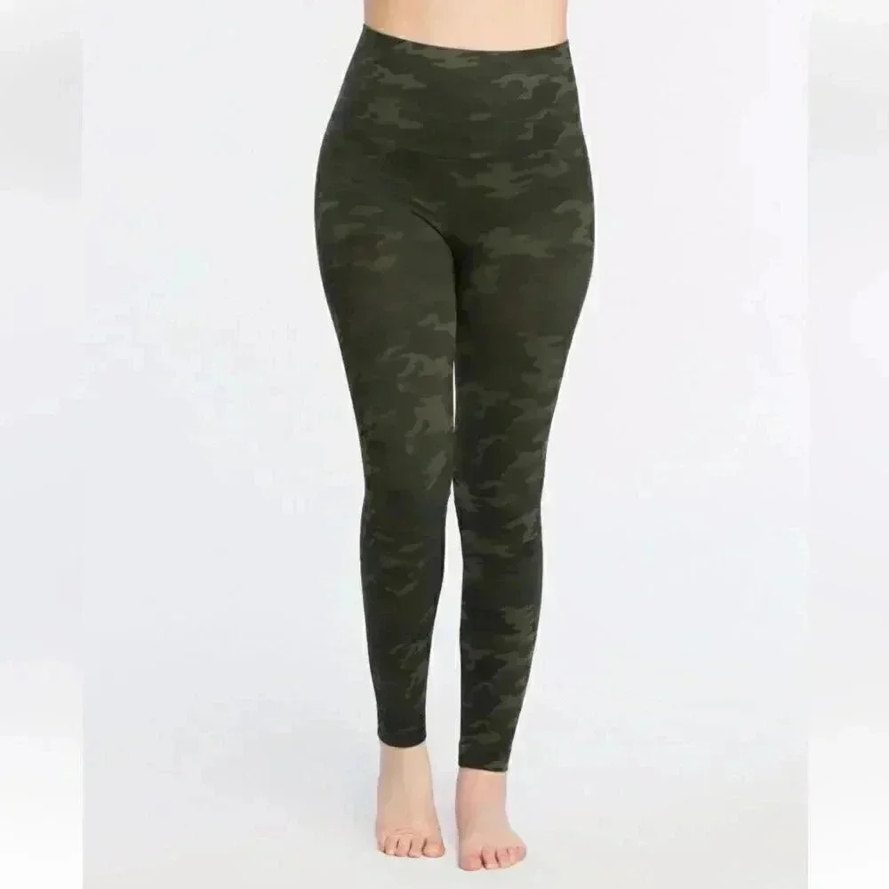 Spanx Women's Large Look At Me Now Seamless Leggings Camo Green Camouflage L Lg